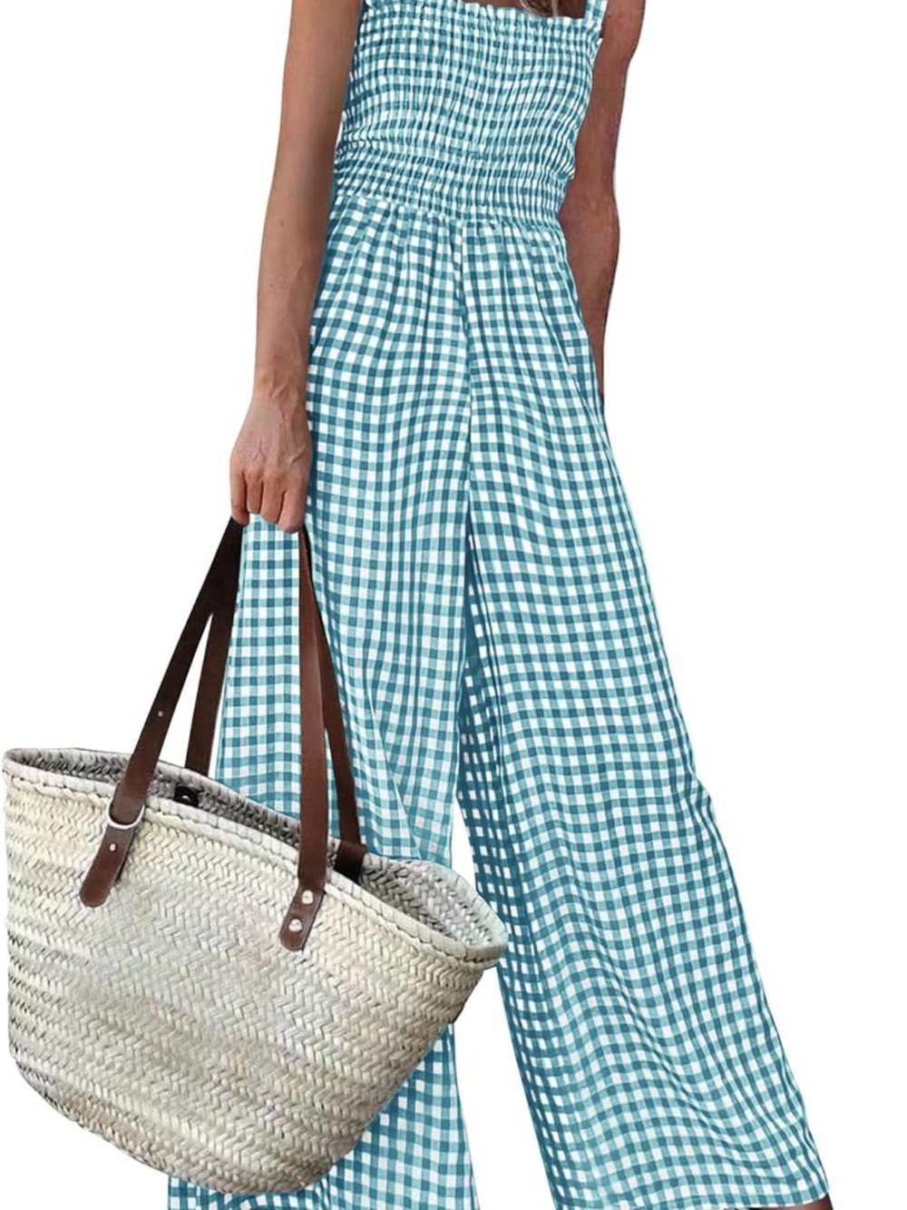 #73 Pretty Garden Smocked Gingham Wide-Leg Jumpsuit - Dusty Blue
